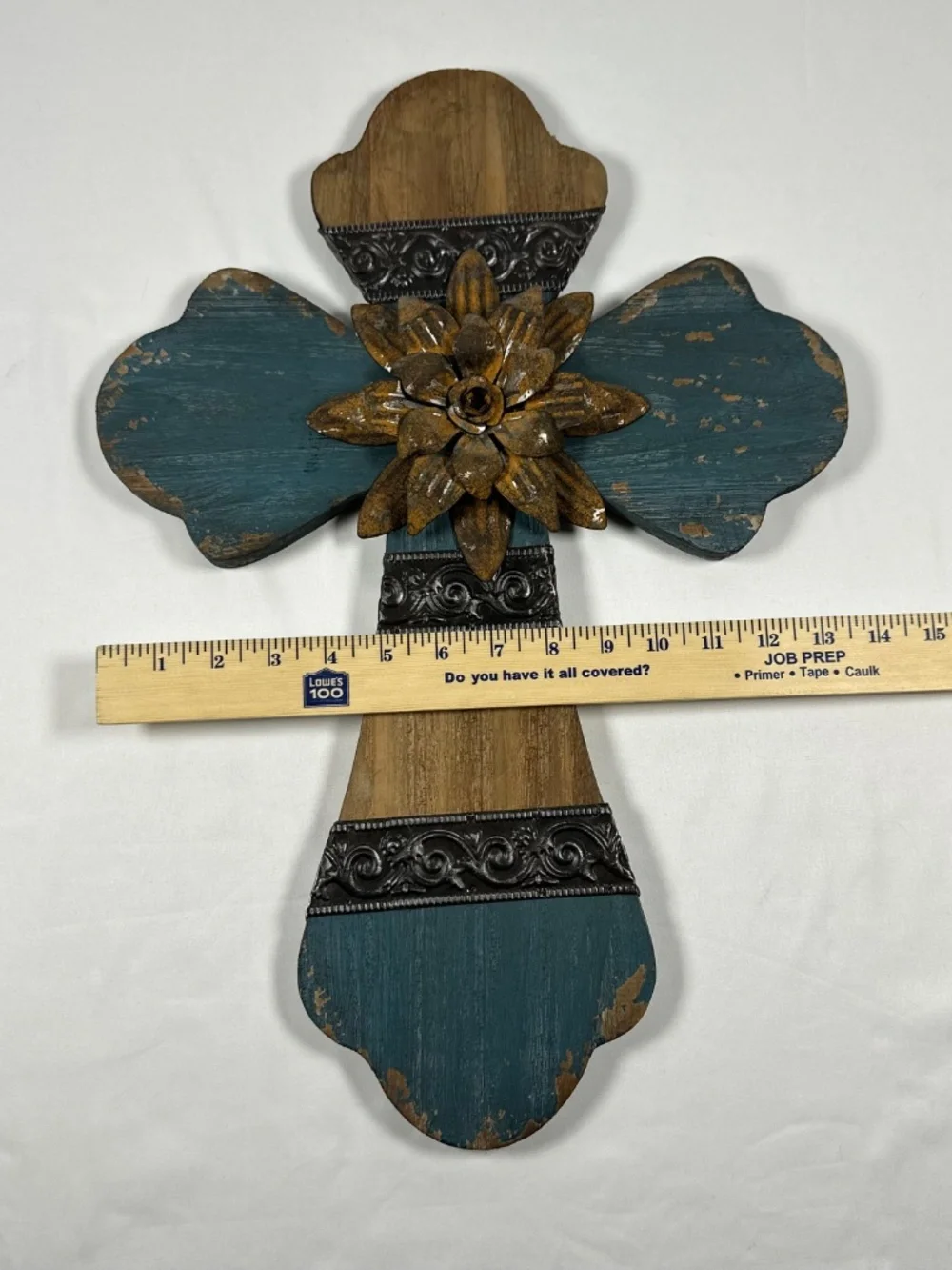 Wooden Cross 20 inches Metal Flower Metal Bands Wall Hanger Rustic Blue Brown